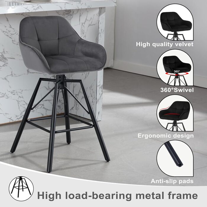 WOLTU 2-Piece Bar Stool Set - Swivel Barstools with Backrest & Footrest - Velvet Upholstered Metal Bar Chairs - Dark Grey