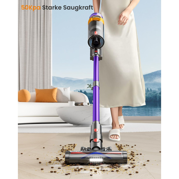 Бездротовий акумуляторний пилосос 50000Pa/600W/65 хвилин, 1,8L з OLED-дисплеєм. Вертикальний пилосос без перекручування шнура, 8-шарова фільтрація, підходить для твердих підлог, килимів та шерсті тварин