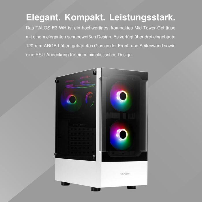 Корпус для ПК Gamdias TALOS E3 - Mid-Tower, білий, з 3 RGB вентиляторами, сітчаста передня панель, скло, PSU-кришка