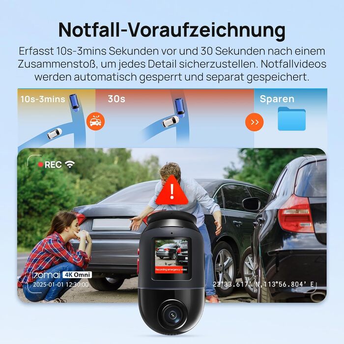 Відеореєстратор 70mai Dash Cam 4K Omni: 4K+1080P, 360° огляд, Dual STARVIS 2 HDR, GPS, WiFi, 4G LTE, 24/7 запис, AI-розпізнавання, нічне бачення, 128GB SD-карта