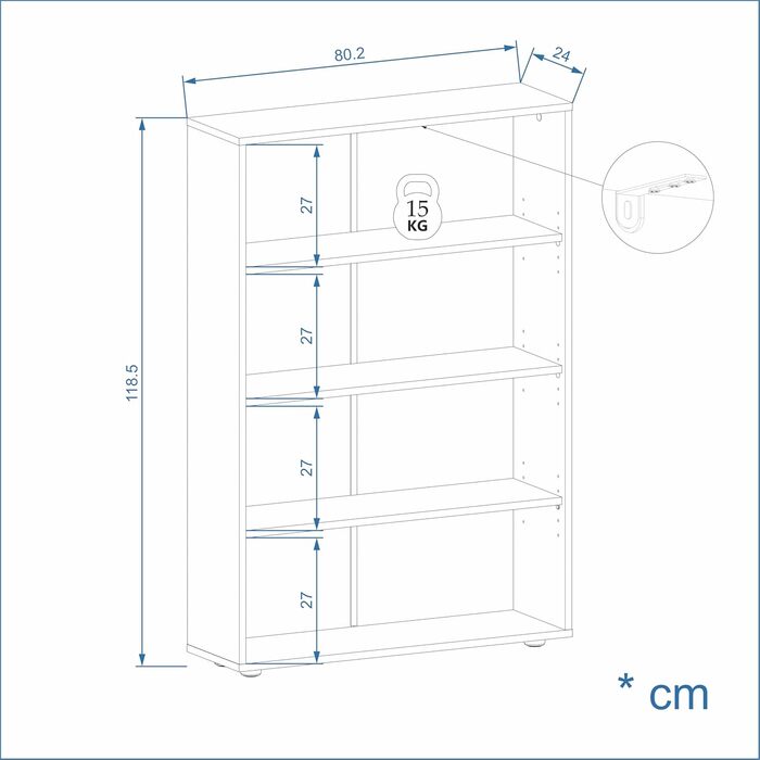 Білий книжковий стелаж KOMTO Regal 80 см, 3 рівні, регульовані полиці, універсальна книжкова шафа для зберігання, 80x90x24 см