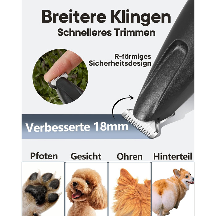 Триммер для собак та котів Pfotentrimmer з LED-підсвічуванням, 18 мм, тихий (35 дБ), вологостійкий, акумуляторний, для догляду за лапами, вухами, обличчям та хвостом (Чорний)