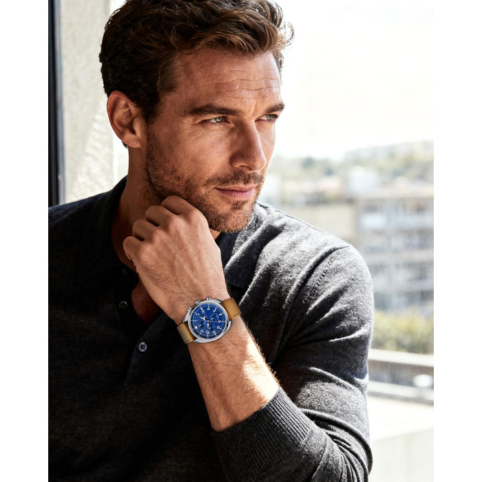 Годинник чоловічий SAPPHERO кварцові з шкіряним ремінцем. Класичний бізнес-годинник з хронографом, водостійкий (50 м), синій циферблат, арабські цифри.