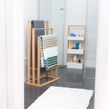Стійка вішалка для рушників Relaxdays з 3-ма перекладинами, бамбукова підставка для рушників у ванну кімнату, 84 x 48 x 26 см, натуральний коричневий та сріблястий