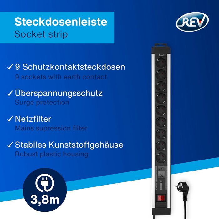 Многофункціональна мережева розетка SupraGuard з вимикачем, 2.5м кабель, захист від перенапруги та мережевий фільтр (Aluopik, 9 розеток)