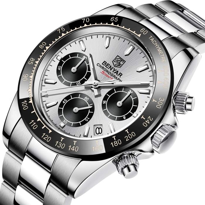 Чоловічий годинник BENYAR: Хронограф, кварцовий механізм, водонепроникний, з нержавіючої сталі, білий та чорний колір