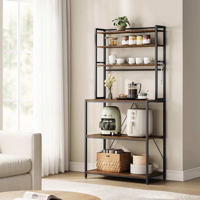 Стелаж кухонний WOLTU з 6 полицями, металевий з інженерної деревини, 60x167x40 см, коричневий+чорний