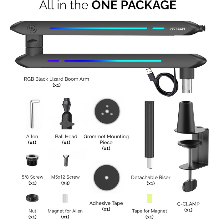 Кріплення для мікрофона IXTECH RGB Low Profile з регулюванням, настільний стійка з кріпленням, поворотний мікрофонний тримач з кабельною організацією для стрімінгу та подкастів, 4 ящірки RGB
