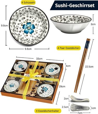 Набір для суші на 4 особи, 12 шт. з кераміки, круглий, з візерунком квітки сливи. Ідеальний подарунок на свята.