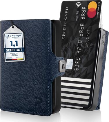 PURISTO KLIK: Смарт-портмоне для чоловіків з натуральної шкіри з RFID захистом - компактний картхолдер на 12 карт (темно-синій)