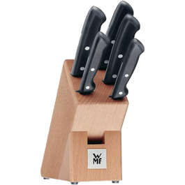 WMF Classic Line Knife Block Set with Knife Set, 6-piece, equipped, 5 knives, birchwood block, special blade steel, natural, black, silver