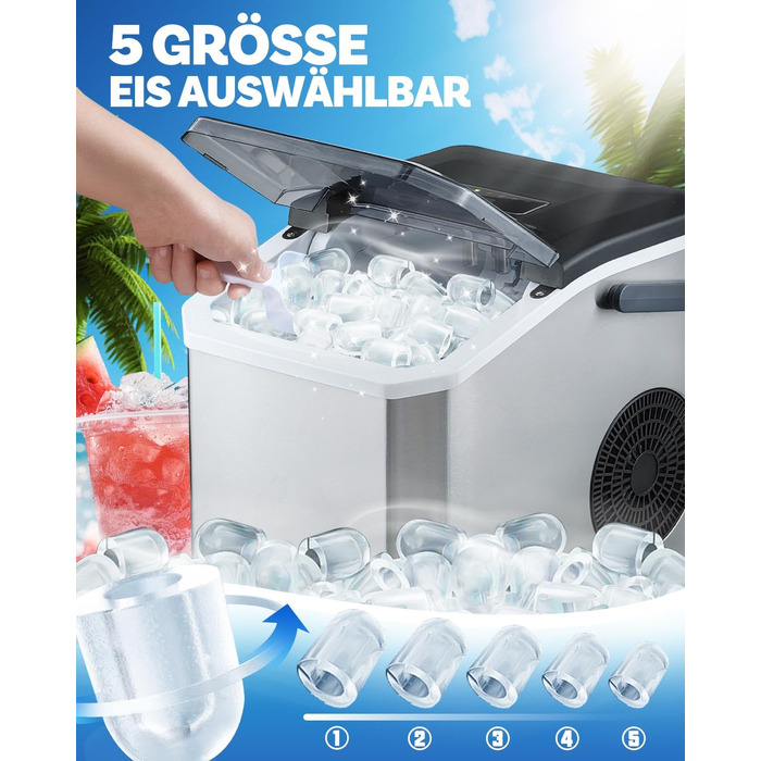 Машина для приготування льоду портативна, 15 кг/24 год, самоочисна, з лопаткою та кошиком, для дому та офісу, матеріал: акрилонітрил-бутадієн-стирол