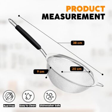 Набір сит Jojeys 3 шт. різних розмірів - металеві сита з нержавіючої сталі, дрібний фільтр - кухонне сито з нержавіючої сталі для приготування їжі, випічки - безпечне для миття в посудомийній машині (20 см з гумовою ручкою)