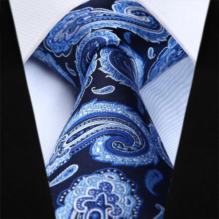 Краватка чоловіча HISDERN 160 см, з кишеньковим хустинкою, для весілля та бізнесу, шовкова, елегантна, синій візерунок Paisley