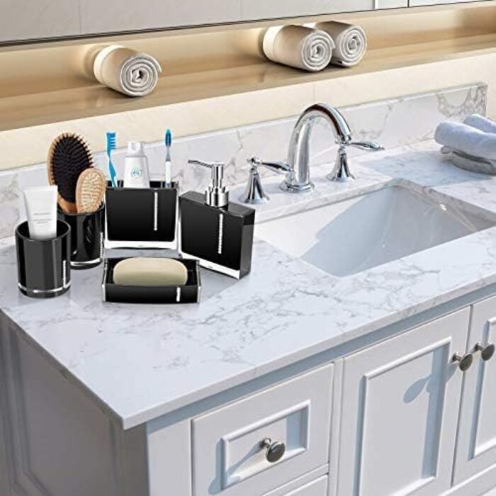 5-Piece Bathroom Accessories Set, Bathroom Dispenser Set includes lotion bottle, toothbrush holder, tray, 2 rinsing cups (black)