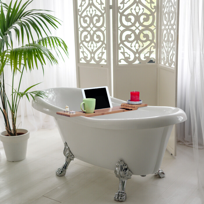 Relaxdays Bamboo Bathtub Shelf with Glass Holder