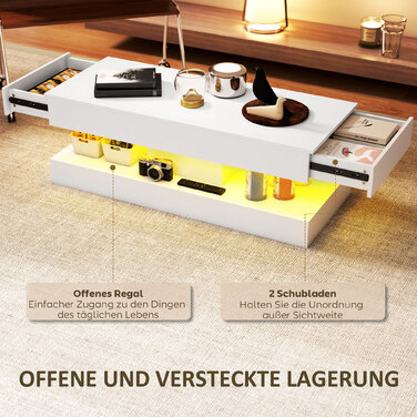 HOMCOM Living Room Coffee Table with Drawers and LED Lights, Modern Sofa Table with Open Storage, Coffee Table, Particleboard, White