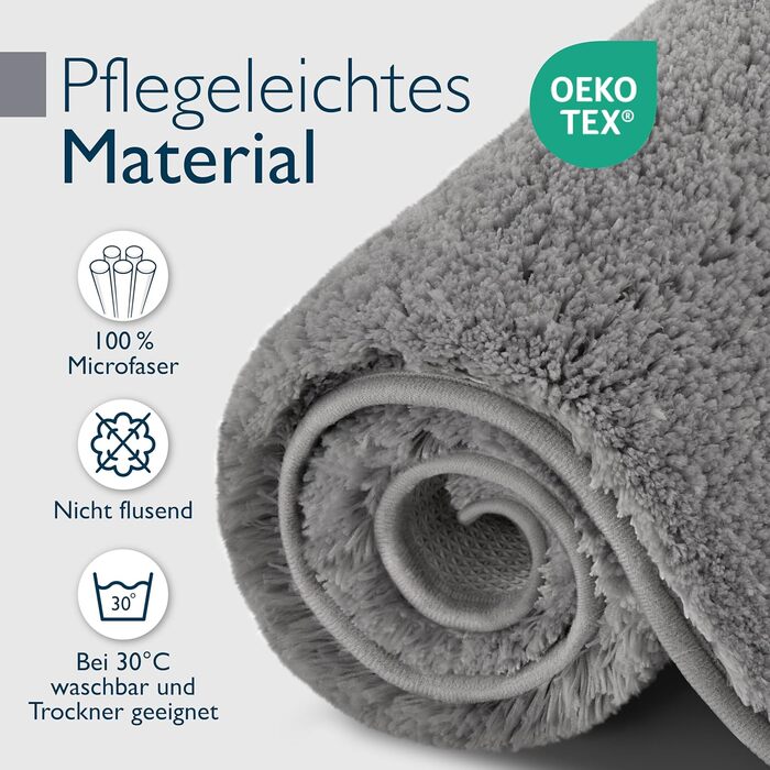 Beautissu Non-Slip Bath Mat - 120x70 cm - Plush Shaggy Rug for Bathroom - Washable, Grey - BeauMare FL