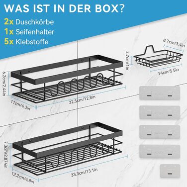 Поличка для душу без свердління, 3-секційний органайзер для душу з регульованими кошиками, нержавіюча сталь - Максимальний простір для зберігання з мильницею та 3 гачками для душу, ванної, кухні, балкону - Підставка для душу без свердління