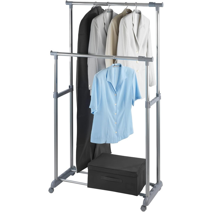 WENKO Clothes Rack, Folding, Clothes Storage with Adjustable Clothes Rod and Wheels, Plastic/Metal, 88 x 100-168 x 11-49 cm, Chrome/Grey (168 x 44 x 163 cm)