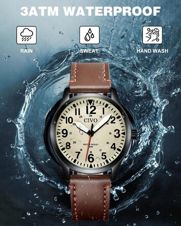 Чоловічий годинник CIVO: водостійкий, аналоговий кварц, великі цифри, світловий, військовий стиль, спортивний, для активного відпочинку, легкий у читанні, з шкіряним ремінцем, колір: коричневий