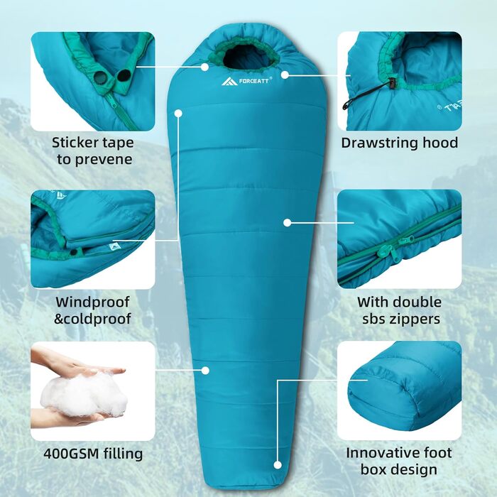 Сплячий мішок Forceatt -10°C~15°C, 4 сезони, для дорослих, водонепроникний, ультралегкий, для кемпінгу, подорожей, туризму та відпочинку. -10°C, синій