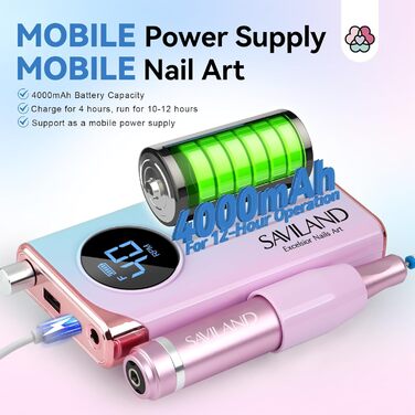 Електрична фрезер для нігтів Saviland 40000 об/хв, 12 в 1, професійний манікюр/педикюр, 4000mAh, USB, портативна, з набором фрезерних насадок, градієнтний колір