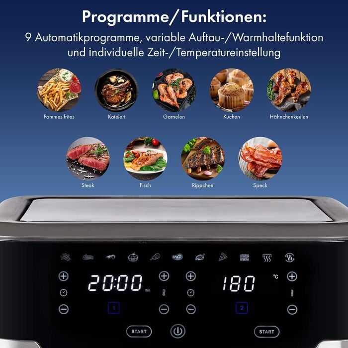 Подвійна аерофритюрниця ProfiCook 9 л XXL, 2400 Вт, 9 програм, сенсорне керування, чорний-нерж, без олії