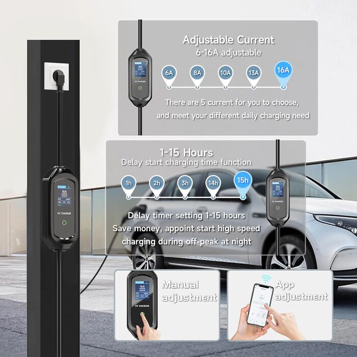 Кабель зарядного пристрою для електромобіля 8м, 3.6 кВт, Schuko, регульований струм 6/8/10/13/16A, з сумкою, IEC 62196-2