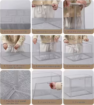 GUDEMAY Transparent Stackable Plastic Boxes with Magnetic Closure - Dustproof Storage Display Case Showcase Ideal for Figurines, Books, Cosmetics, Shoes, and Handbags (3-Piece Set) Transparent - 3-Piece Set