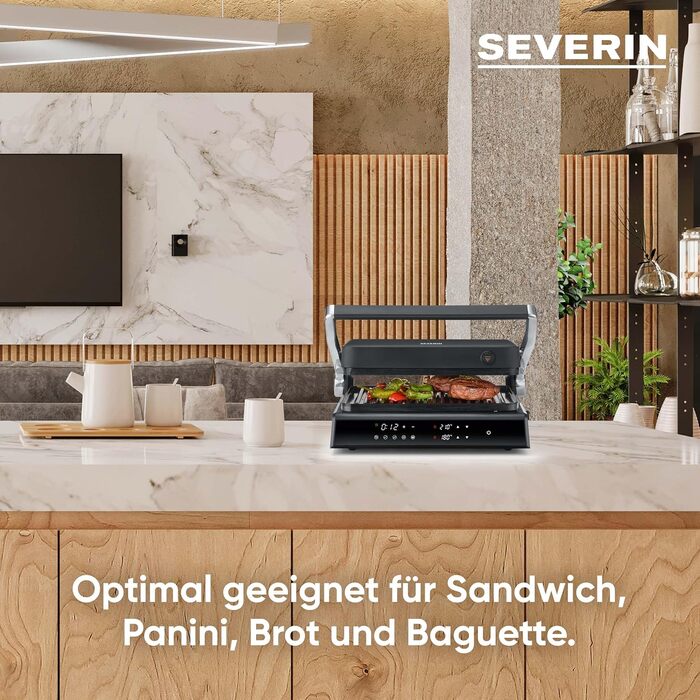 Електрогриль SEVERIN Comfort KG 2399 для м'яса, риби та овочів, цифровий сендвіч-мейкер з керамічним покриттям, 5 авто програм, до 230°C, 1800 Вт, чорний, для здорового грилю без жиру