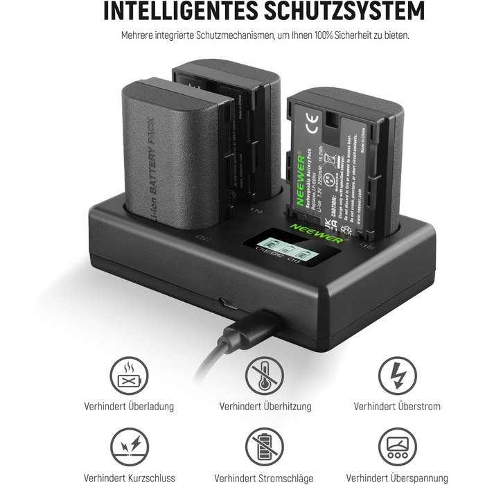 NEEWER Комплект акумуляторів та зарядного пристрою LP-E6NH (3 шт. 2250mAh) з USB зарядкою на 3 слоти, серветка, сумісний з Canon EOS R7, R5, R6, R6 II, R 5DIV, 6DII, 7DII, 80D, 90D
