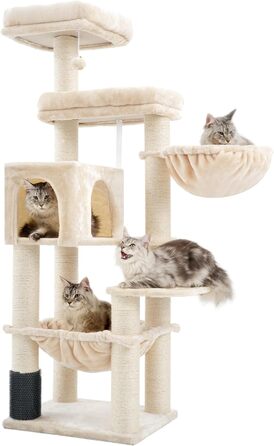 Кігтеточка XXL для мейн-куна, 168 см, з гамаком, сизаловим стовпом (φ11 см), когтеточкою, 2 платформами, будиночком, корзиною, бежева EMPJ01M