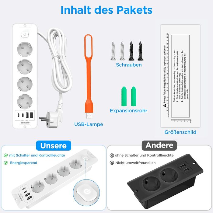 Мережевий фільтр з USB та 2 Type-C, 4 розетки, кутовий, з LED-підсвічуванням, захист від перенапруги 3680W 16A, 90°, з вимикачем, кабель 1,5 мм², білий
