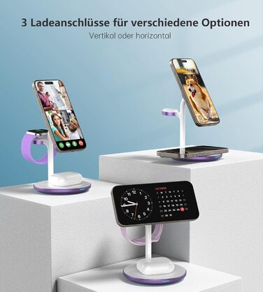3-в-1 Індукційна Зарядка для Кілька Пристроїв, 15W MagSafe, iPhone 15/14, iWatch Ultra/Series 9/8, AirPods, Білий/Фіолетовий