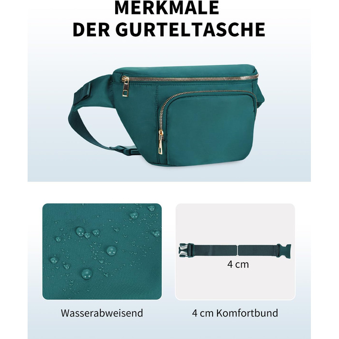 Сумка на пояс для жінок та чоловіків, стильна, з 4 кишенями на блискавці та регульованим ремінцем, ідеальна для подорожей та піших прогулянок (Patent Pending), колір: бірюзовий
