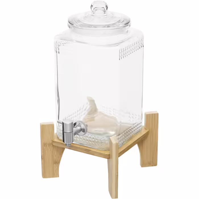 5L Drink Dispenser with Bamboo Stand, Glass Drink Dispenser with Stainless Steel Tap and Lid, Clear Lemonade/Drink/Water Dispenser for Iced Juices, Water
