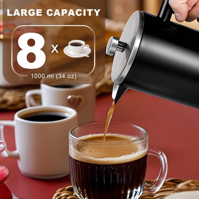 French Press Coffee Maker, 100 ml, large, insulated, robust premium stainless steel, 4-6 cup capacity, coffee press, French press plunger, teapot, black