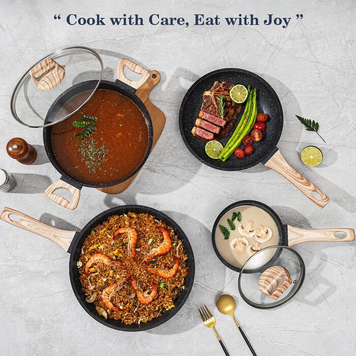 Набір посуду 12 предметів: каструлі, сковороди, пароварка, з антипригарним покриттям, чорний граніт, для індукційних плит, безпечний, здоровий, кухонний набір