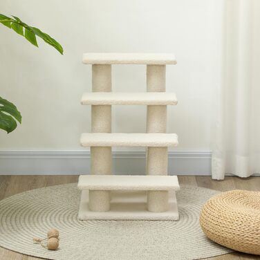 PawHut Pet Stairs Cat Stairs Dog Stairs Stairs for Cats and Dogs 4 Steps 63.5x43x60cm (Cream White)