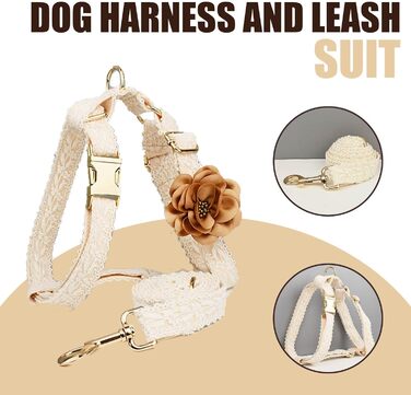 Набір для прогулянок з собакою: шлейка та поводок, розмір S, білий, бежевий. Регульована шлейка без тяги з бантиком та ручкою для зручності. Ідеально для дівчаток.