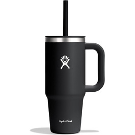 HYDRO FLASK - Travel Tumbler 709ml (24oz) with a Press-In Straw Lid - Stainless Steel - Double-Wall Vacuum Insulation - Splash-Proof Lid - Black