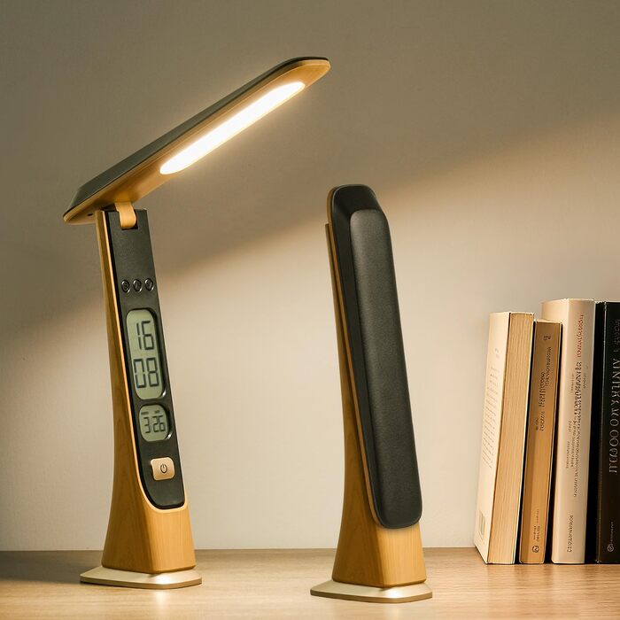 Bokefo Світлодіодна настільна лампа з акумулятором 1800 mAh, 3 кольори, регулювання яскравості, годинник, сенсорне управління, складна та портативна. Підходить для офісу, навчання, читання. Без адаптера