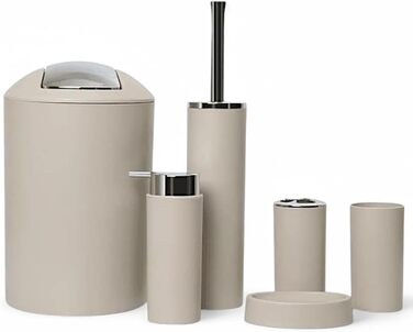 Набір аксесуарів для ванної кімнати 6tlg Badset: мильниця, стакан для зубних щіток, відро для косметики, щітка для унітазу з тримачем, мильниця, сміттєвий бак, тримач для зубних щіток, набір для ванної кімнати (бежевий дизайн 2a)