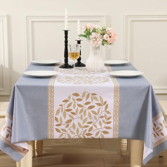 Rayapot PVC Tablecloth Wipeable Table Cover, Plastic Washable Cuttable Tablecloth, Plastic Waterproof Tablecloth, For Kitchen Dining Room - Leaves - Blue - 140x220cm