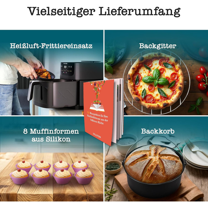 Stillstern Airfryer з оглядовим вікном, 8л, з парою та функцією Shake, 80-200°C, 1800W, таймер 120хв, 100 рецептів, чорний