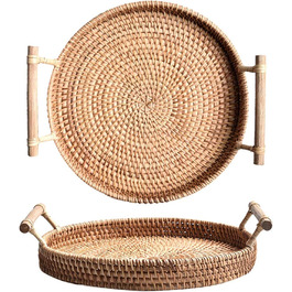 Rattan Round Serving Tray, Woven Basket Tray with Wooden Handles (28 cm)