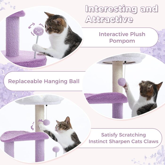 PETEPELA Cactus Scratching Post Small 84cm Modern Cat Tree Detachable Top Bed, Plush Cave, 2 Sisal Pillars, 2 Play Balls, Green (Purple)