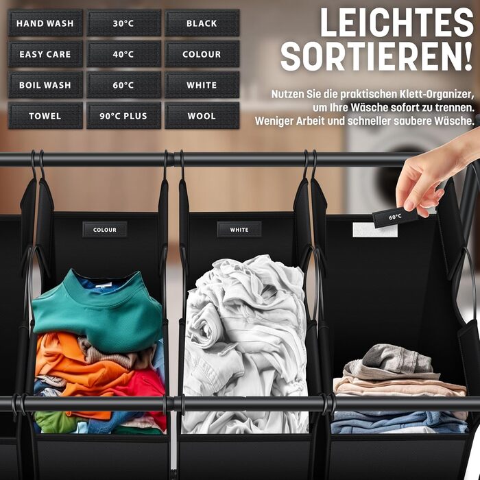 KESSER® Laundry Basket, Laundry Collector, Laundry Sorter with 4 Removable Fabric Bags | 4 Compartments x 35 Liters | Laundry Box with 12 Laundry Instructions, 360° Swivel Wheels with Brake, Laundry Sorting System, Laundry Cart, Black