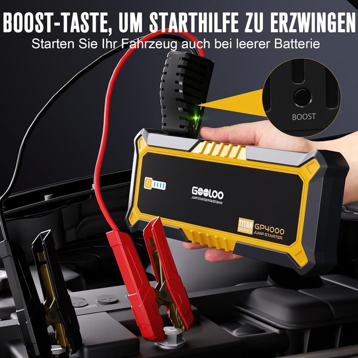 Powerbank Starthilfe GOOLOO GP2000 для автомобіля: 4000A, USB-швидка зарядка, LED, для бензину та дизеля (12V)